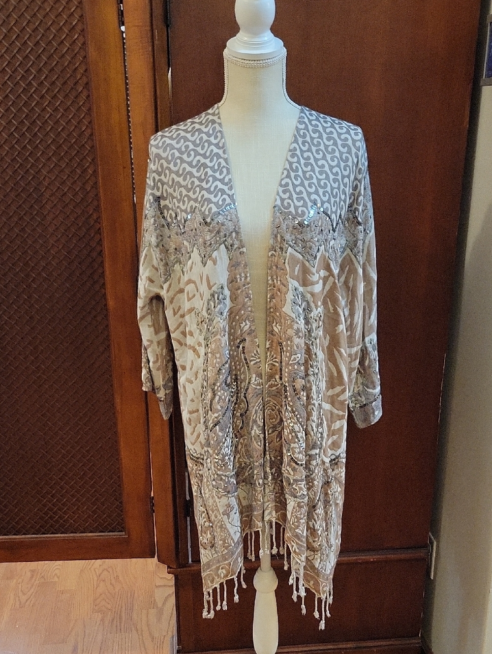Soft Surroundings | Chaucer Topper Tan Cream Embellished Fringe Cardigan - S/M